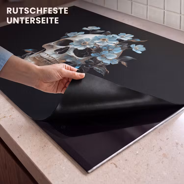 2-in-1 Herdabdeckplatte & Spritzschutz - Totenkopf - Blau - Blumen - Blätter - Schedel - Blauw - Bloemen - Bladeren Inductie beschemer met haakjes klein