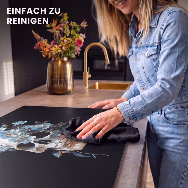 2-in-1 Herdabdeckplatte & Spritzschutz - Totenkopf - Blau - Blumen - Blätter - Schedel - Blauw - Bloemen - Bladeren Inductie beschemer met haakjes klein