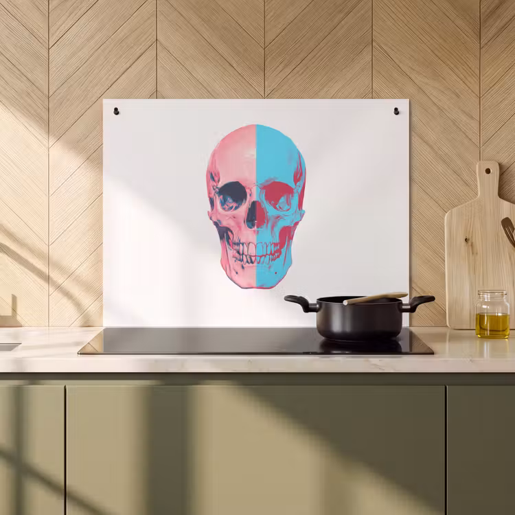 2-in-1 Herdabdeckplatte & Spritzschutz - Totenkopf - Grafik - Rosa - Geteilt - Schedel - Grafisch - Roze - Verdeeld Inductie beschemer met haakjes klein