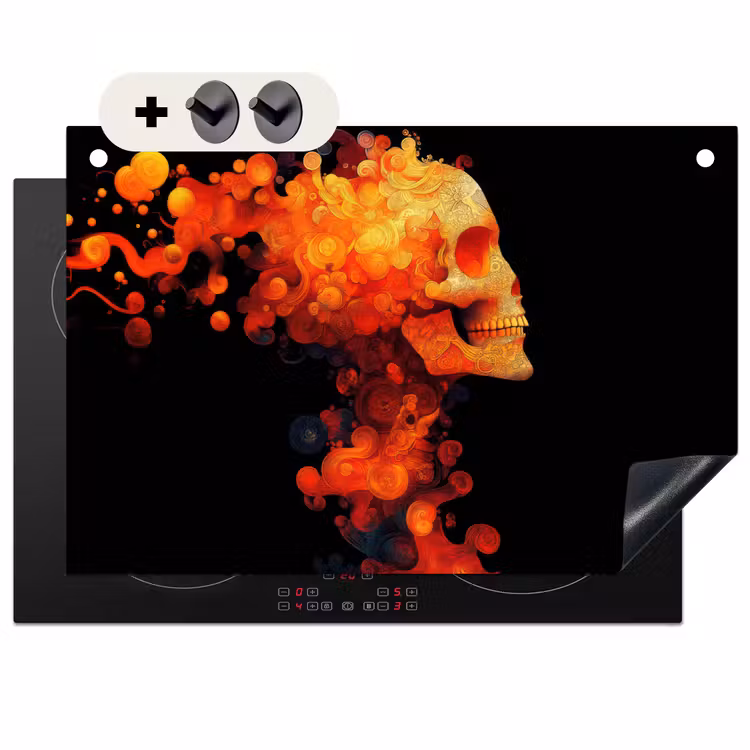 2-in-1 Herdabdeckplatte & Spritzschutz - Totenkopf - Orange - Seitenansicht - Flammen - Schedel - Oranje - Zijaanzicht - Vlammen Inductie beschemer met haakjes klein