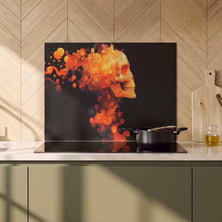 2-in-1 Herdabdeckplatte & Spritzschutz - Totenkopf - Orange - Seitenansicht - Flammen - Schedel - Oranje - Zijaanzicht - Vlammen Inductie beschemer met haakjes klein