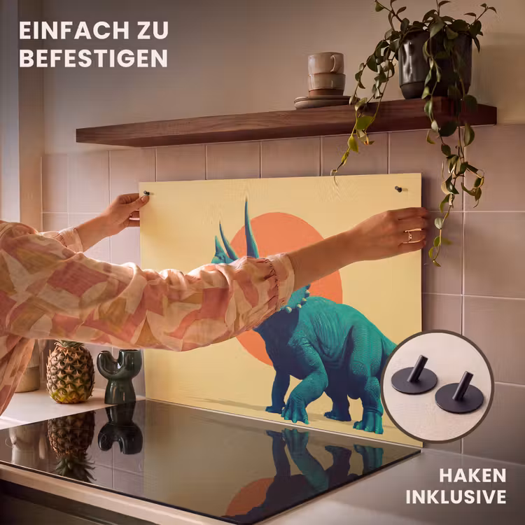 2-in-1 Herdabdeckplatte & Spritzschutz - Triceratops - Kreis - Orange - Hörner - Triceratops - Cirkel - Oranje - Hoorns Inductie beschemer met haakjes klein