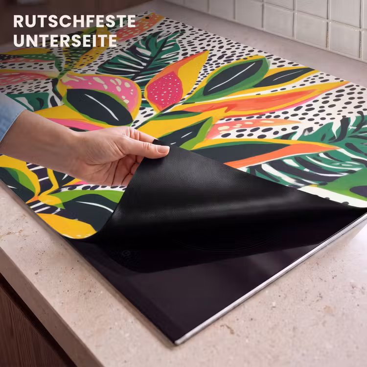 2-in-1 Herdabdeckplatte & Spritzschutz - Tropical - Blätter - Schwarz und weiß - Tropisch - Bladeren - Zwart - wit Inductie beschemer met haakjes klein