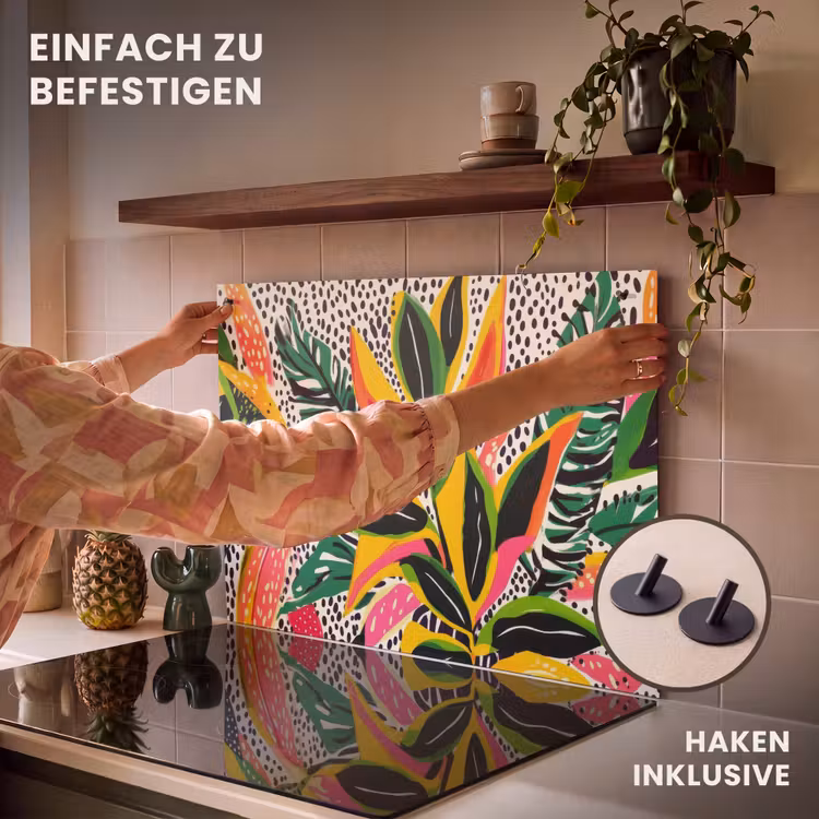 2-in-1 Herdabdeckplatte & Spritzschutz - Tropical - Blätter - Schwarz und weiß - Tropisch - Bladeren - Zwart - wit Inductie beschemer met haakjes klein