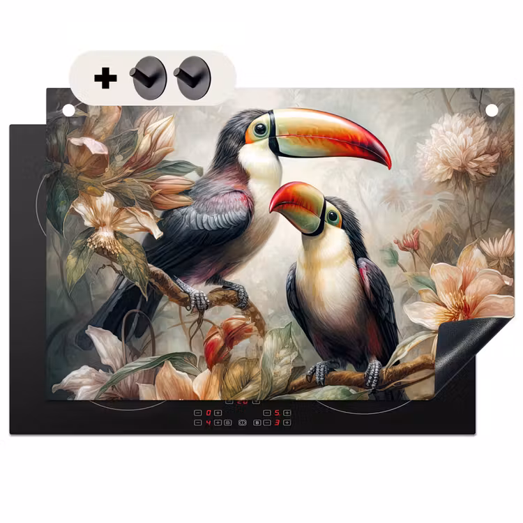 2-in-1 Herdabdeckplatte & Spritzschutz - Tukan - Vögel - Blumen - Dschungel - Toekan - Vogels - Bloemen - Jungle Inductie beschemer met haakjes klein