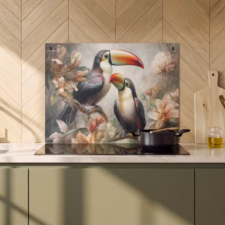 2-in-1 Herdabdeckplatte & Spritzschutz - Tukan - Vögel - Blumen - Dschungel - Toekan - Vogels - Bloemen - Jungle Inductie beschemer met haakjes klein