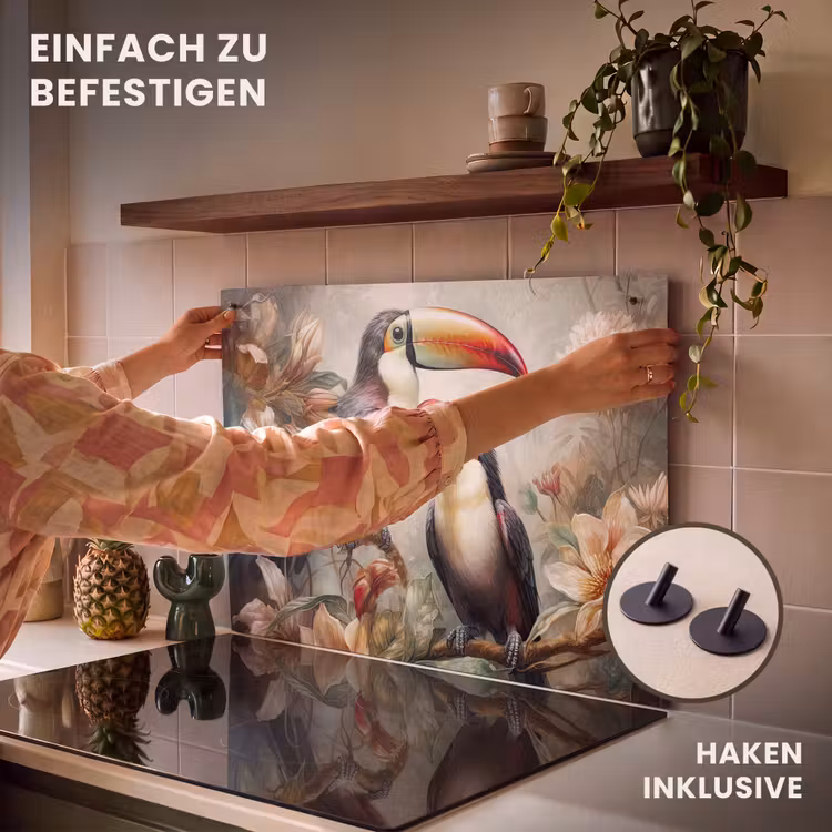 2-in-1 Herdabdeckplatte & Spritzschutz - Tukan - Vögel - Blumen - Dschungel - Toekan - Vogels - Bloemen - Jungle Inductie beschemer met haakjes klein