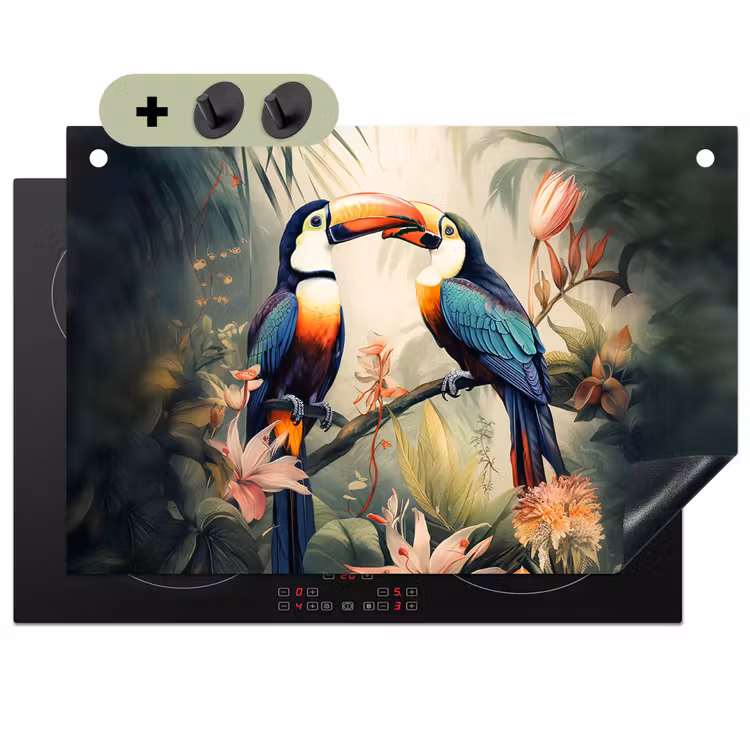 2-in-1 Herdabdeckplatte & Spritzschutz - Tukan - Vögel - Blumen - Natur - Dschungel - Toekan - Vogels - Bloemen - Natuur - Jungle Inductie beschemer met haakjes klein