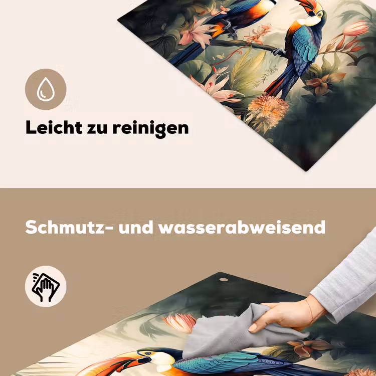 2-in-1 Herdabdeckplatte & Spritzschutz - Tukan - Vögel - Blumen - Natur - Dschungel - Toekan - Vogels - Bloemen - Natuur - Jungle Inductie beschemer met haakjes klein