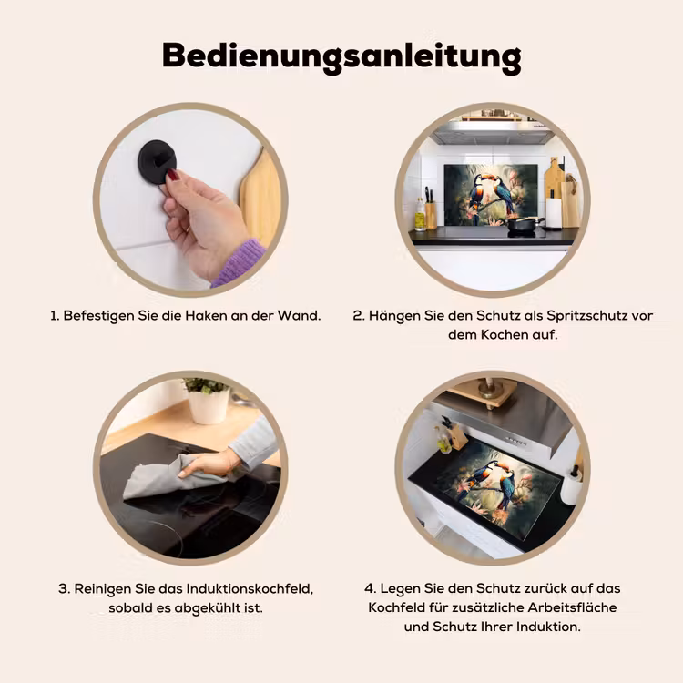 2-in-1 Herdabdeckplatte & Spritzschutz - Tukan - Vögel - Blumen - Natur - Dschungel - Toekan - Vogels - Bloemen - Natuur - Jungle Inductie beschemer met haakjes klein