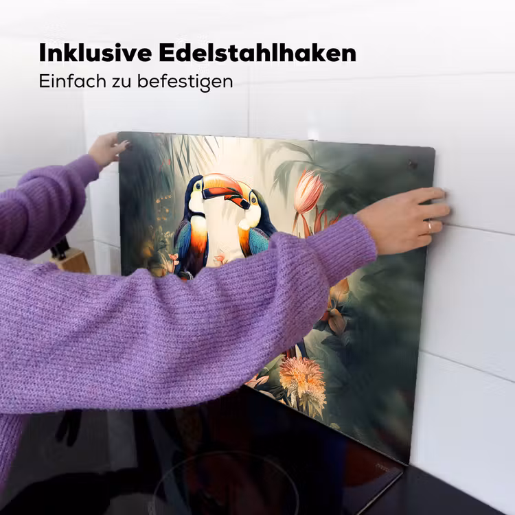 2-in-1 Herdabdeckplatte & Spritzschutz - Tukan - Vögel - Blumen - Natur - Dschungel - Toekan - Vogels - Bloemen - Natuur - Jungle Inductie beschemer met haakjes klein