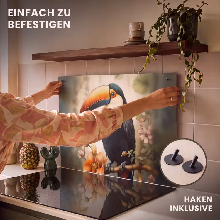 2-in-1 Herdabdeckplatte & Spritzschutz - Tukan - Vogel - Blumen - Pflanzen - Toekan - Vogel - Bloemen - Planten Inductie beschemer met haakjes klein