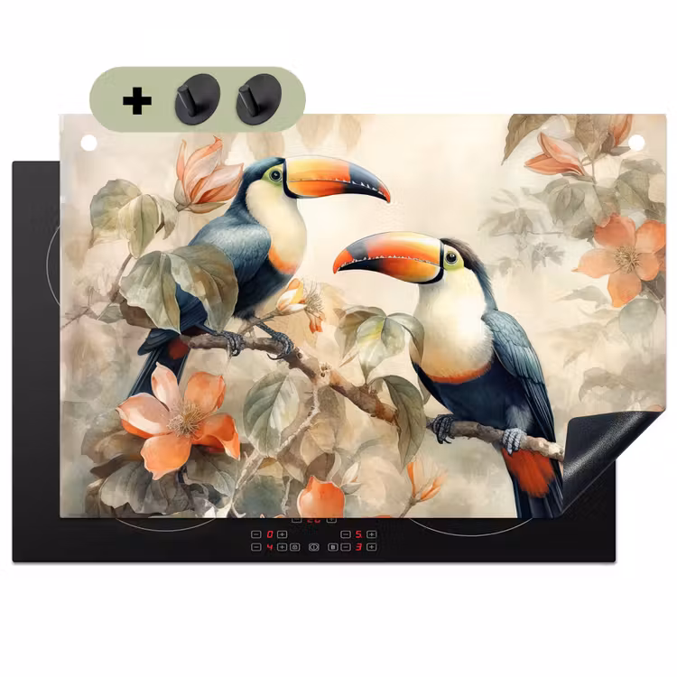 2-in-1 Herdabdeckplatte & Spritzschutz - Tukan - Vögel - Blumen - Zweig - Toekan - Vogels - Bloemen - Tak Inductie beschemer met haakjes klein