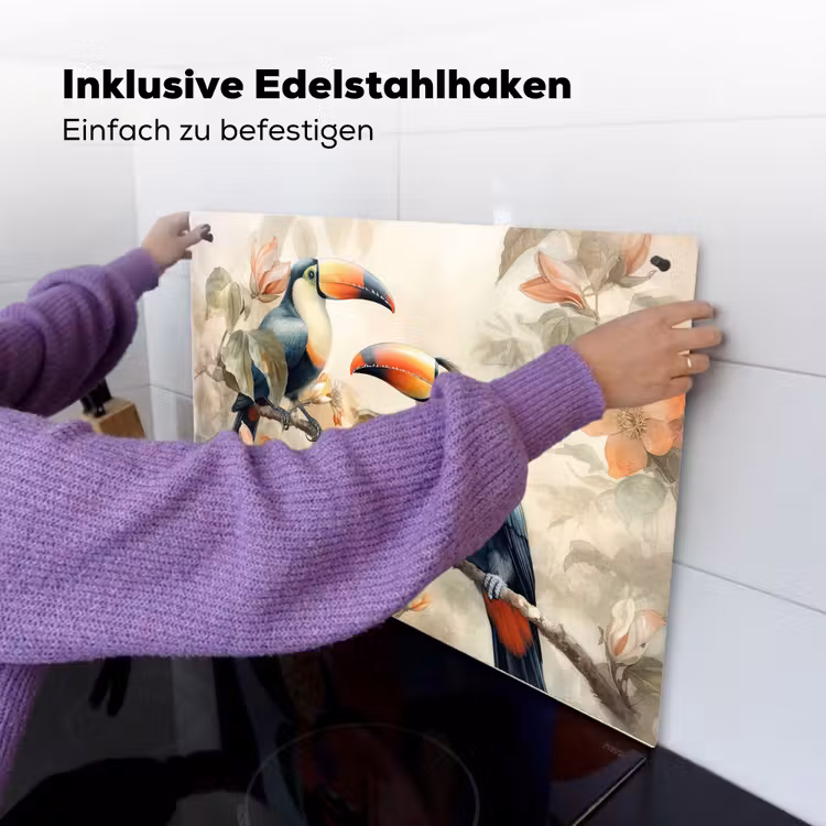 2-in-1 Herdabdeckplatte & Spritzschutz - Tukan - Vögel - Blumen - Zweig - Toekan - Vogels - Bloemen - Tak Inductie beschemer met haakjes klein