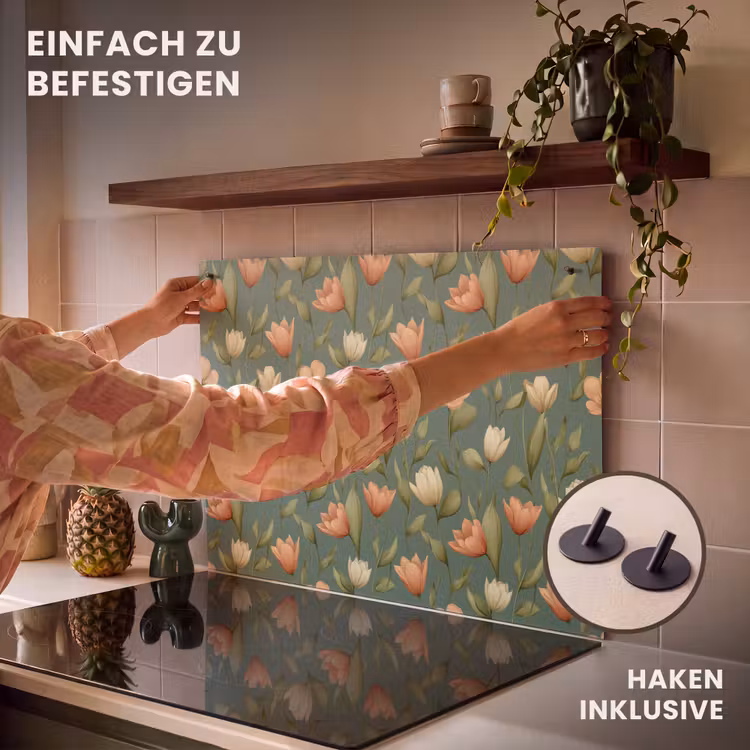 2-in-1 Herdabdeckplatte & Spritzschutz - Tulpen - Botanisch - Grün - Tulpen - Botanisch - Groen Inductie beschemer met haakjes klein 777