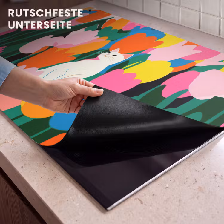 2-in-1 Herdabdeckplatte & Spritzschutz - Tulpen - Katze - Farbenfroh - Tulpen - Kat - Kleurrijk Inductie beschemer met haakjes klein