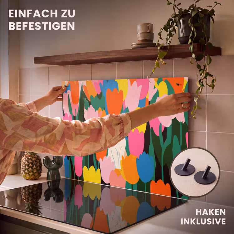 2-in-1 Herdabdeckplatte & Spritzschutz - Tulpen - Katze - Farbenfroh - Tulpen - Kat - Kleurrijk Inductie beschemer met haakjes klein