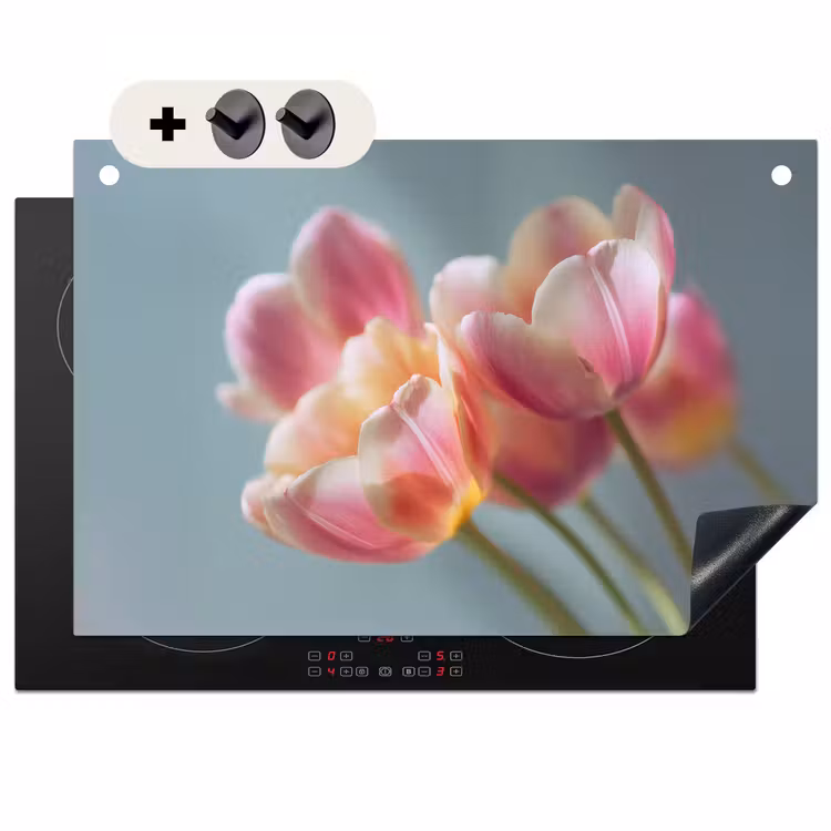 2-in-1 Herdabdeckplatte & Spritzschutz - Tulpen - Rosa - Stiele - Tulpen - Roze - Stelen Inductie beschemer met haakjes klein