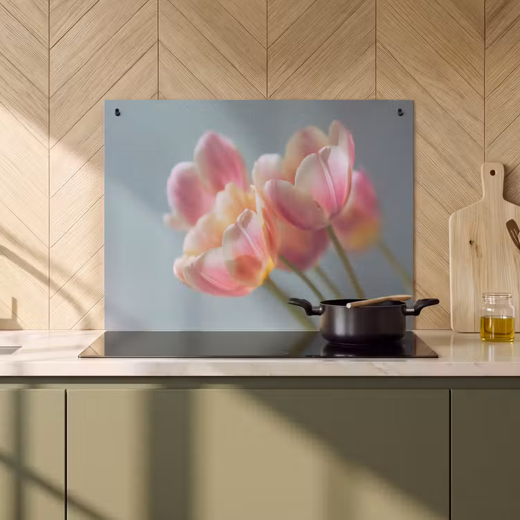2-in-1 Herdabdeckplatte & Spritzschutz - Tulpen - Rosa - Stiele - Tulpen - Roze - Stelen Inductie beschemer met haakjes klein