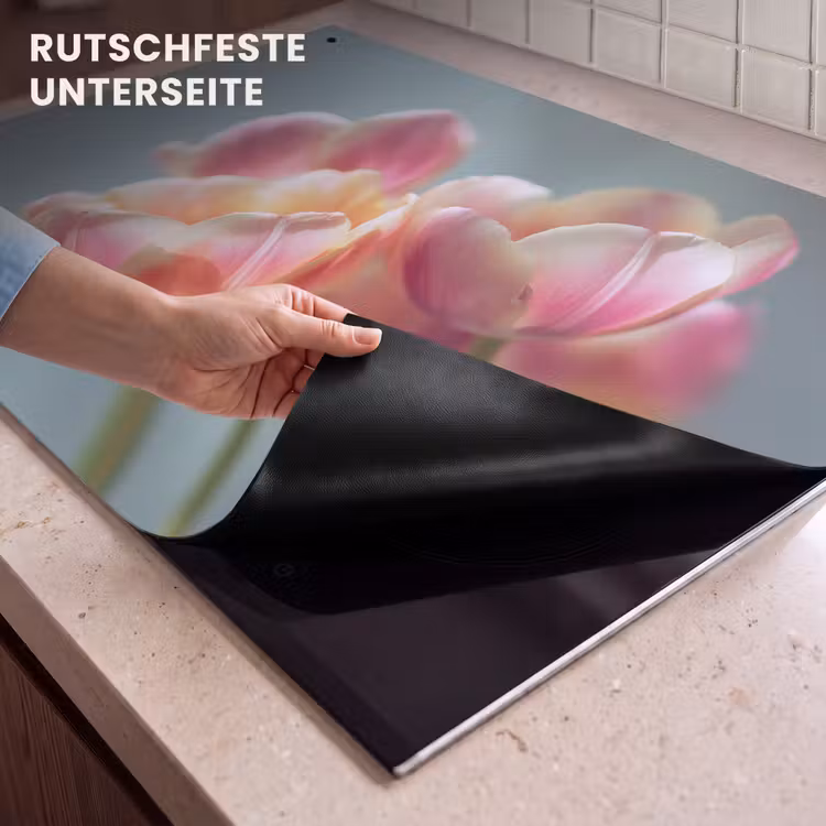 2-in-1 Herdabdeckplatte & Spritzschutz - Tulpen - Rosa - Stiele - Tulpen - Roze - Stelen Inductie beschemer met haakjes klein
