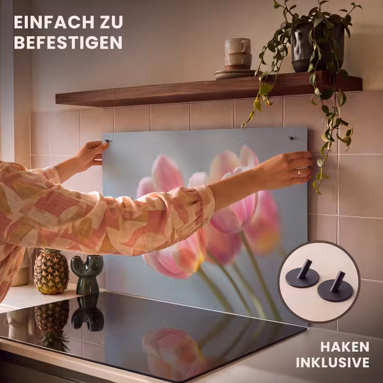 2-in-1 Herdabdeckplatte & Spritzschutz - Tulpen - Rosa - Stiele - Tulpen - Roze - Stelen Inductie beschemer met haakjes klein