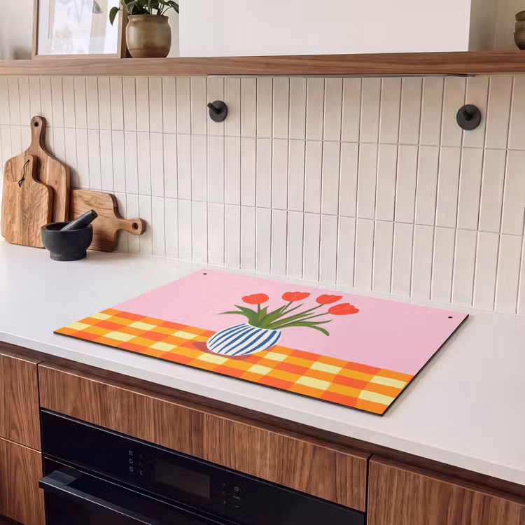 2-in-1 Herdabdeckplatte & Spritzschutz - Tulpen - Rosa - Vase - Tulpen - Roze - Vaas Inductie beschemer met haakjes klein