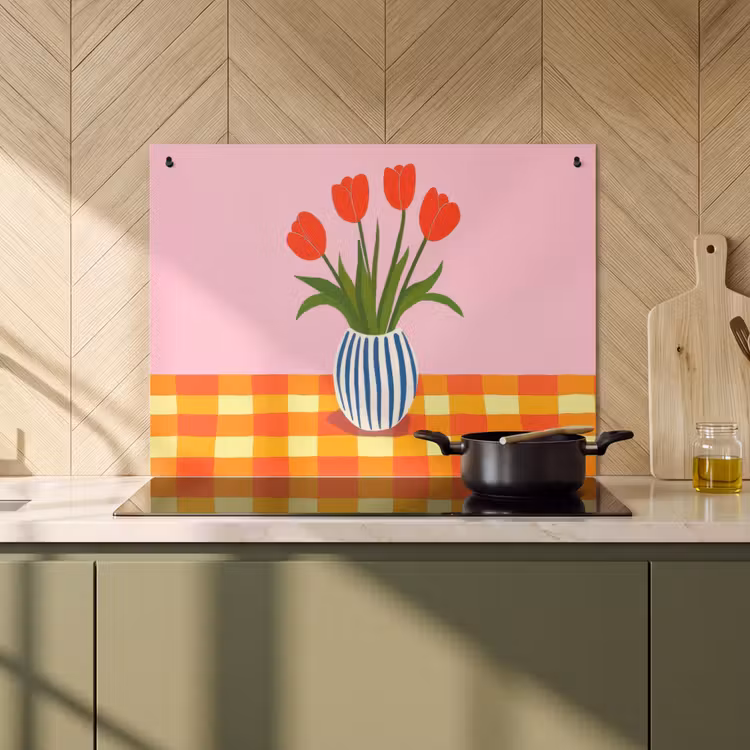 2-in-1 Herdabdeckplatte & Spritzschutz - Tulpen - Rosa - Vase - Tulpen - Roze - Vaas Inductie beschemer met haakjes klein