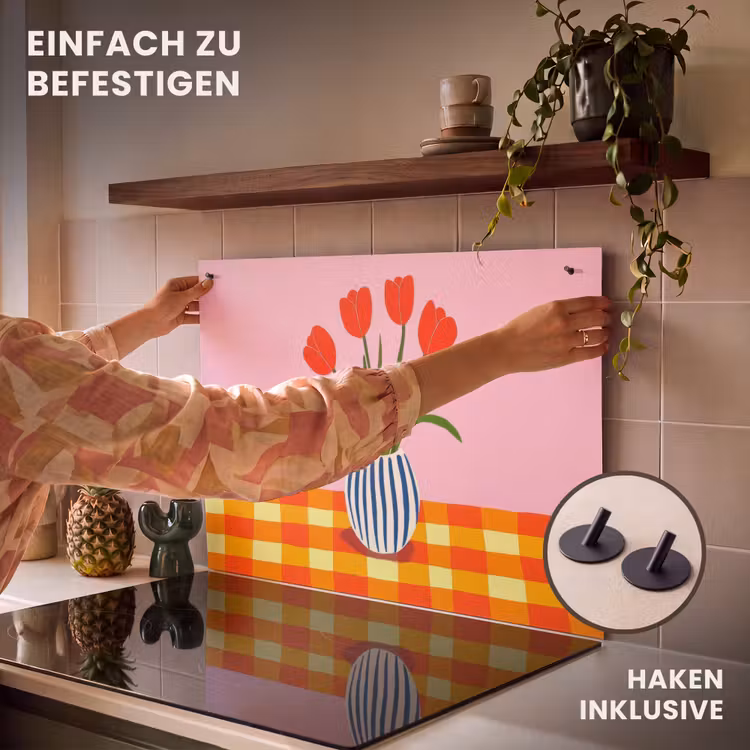 2-in-1 Herdabdeckplatte & Spritzschutz - Tulpen - Rosa - Vase - Tulpen - Roze - Vaas Inductie beschemer met haakjes klein
