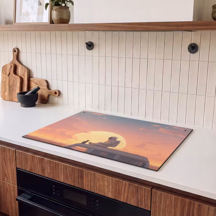 2-in-1 Herdabdeckplatte & Spritzschutz - Van - Katze - Sonnenuntergang - Orange - Busje - Kat - Zonsondergang - Oranje Inductie beschemer met haakjes klein