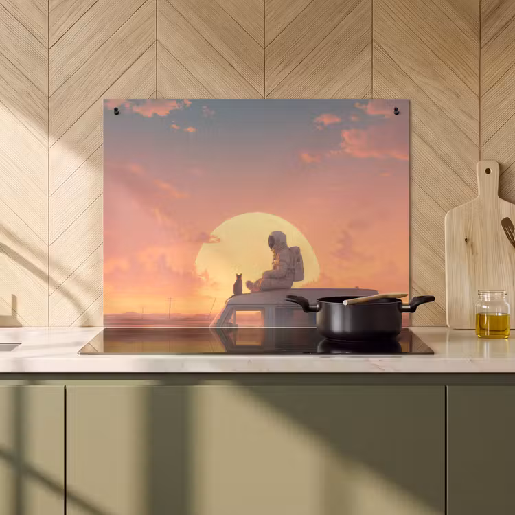 2-in-1 Herdabdeckplatte & Spritzschutz - Van - Katze - Sonnenuntergang - Orange - Busje - Kat - Zonsondergang - Oranje Inductie beschemer met haakjes klein