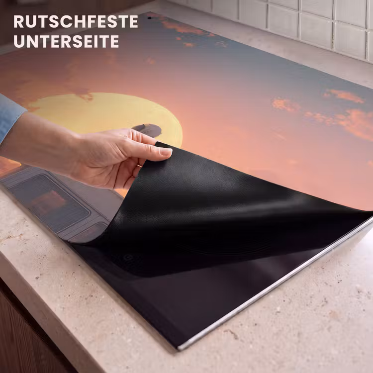 2-in-1 Herdabdeckplatte & Spritzschutz - Van - Katze - Sonnenuntergang - Orange - Busje - Kat - Zonsondergang - Oranje Inductie beschemer met haakjes klein