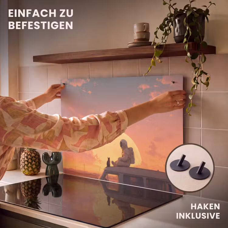 2-in-1 Herdabdeckplatte & Spritzschutz - Van - Katze - Sonnenuntergang - Orange - Busje - Kat - Zonsondergang - Oranje Inductie beschemer met haakjes klein