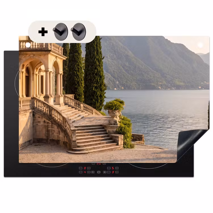 2-in-1 Herdabdeckplatte & Spritzschutz - Villa – Wasser – Treppen - Villa - water -trappen Inductie beschemer met haakjes klein