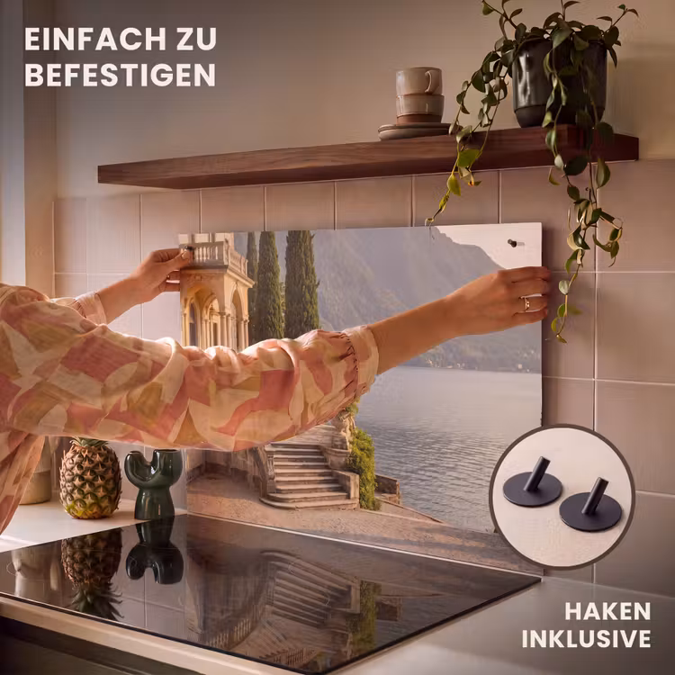 2-in-1 Herdabdeckplatte & Spritzschutz - Villa – Wasser – Treppen - Villa - water -trappen Inductie beschemer met haakjes klein
