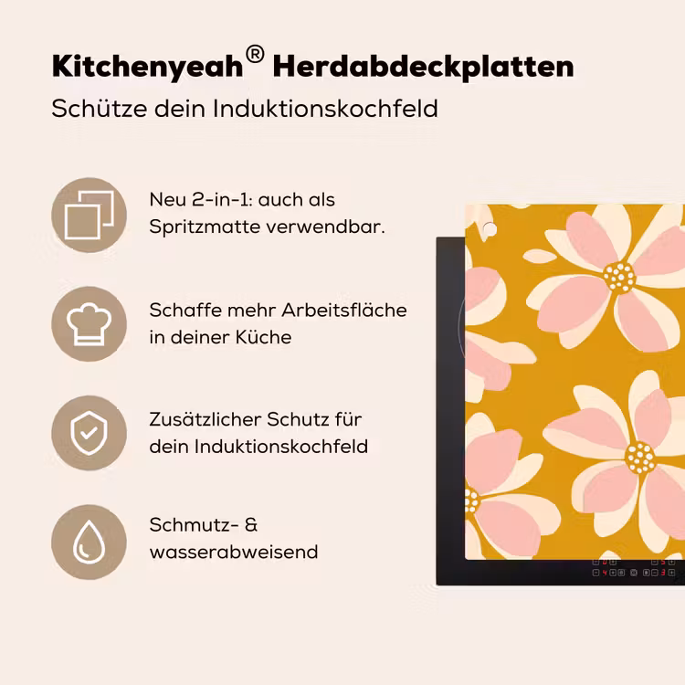 Vintage - Bloemen - Okergeel Inductie beschemer met haakjes klein 777 -ky-usp-de