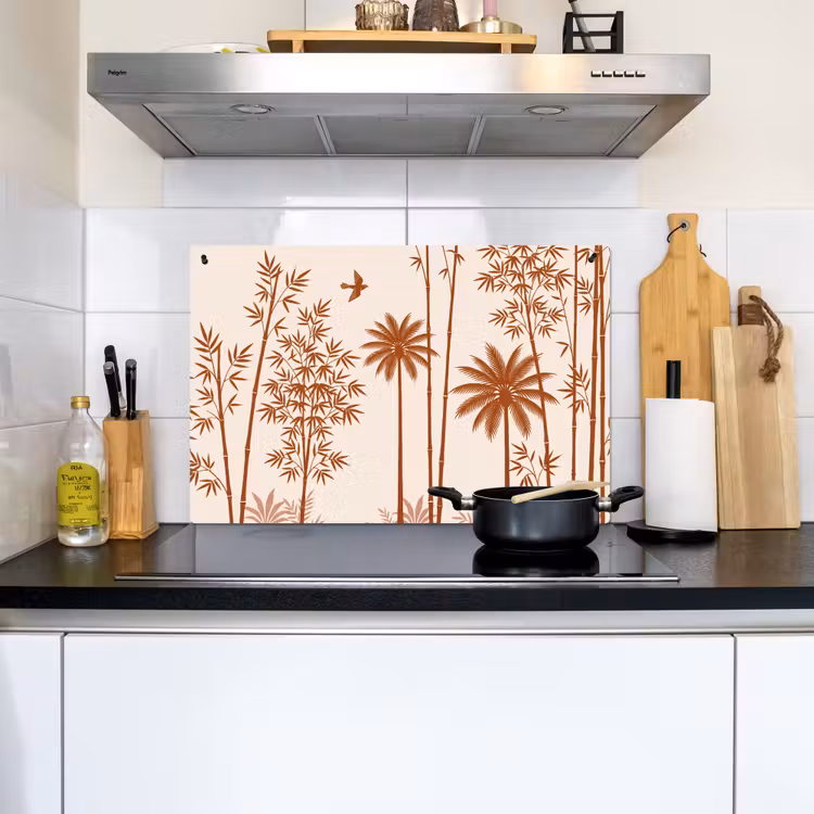 Vogel - Boom - Tropisch - Minimalistisch - Bruin Inductie beschemer met haakjes klein -sfeer2
