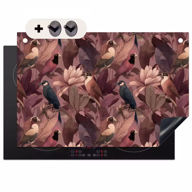 2-in-1 Herdabdeckplatte & Spritzschutz - Vögel - Blätter - Rosa - Vogels - Bladeren - Roze Inductie beschemer met haakjes klein 777