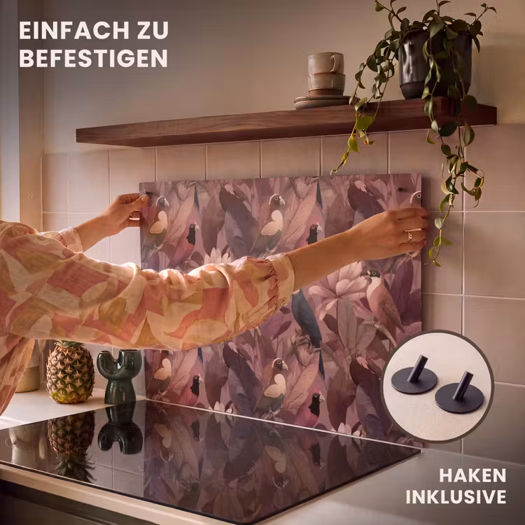 2-in-1 Herdabdeckplatte & Spritzschutz - Vögel - Blätter - Rosa - Vogels - Bladeren - Roze Inductie beschemer met haakjes klein 777