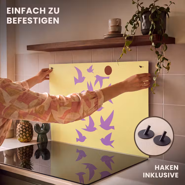 2-in-1 Herdabdeckplatte & Spritzschutz - Vögel - Kreis - Gelb - Bewegung — 7