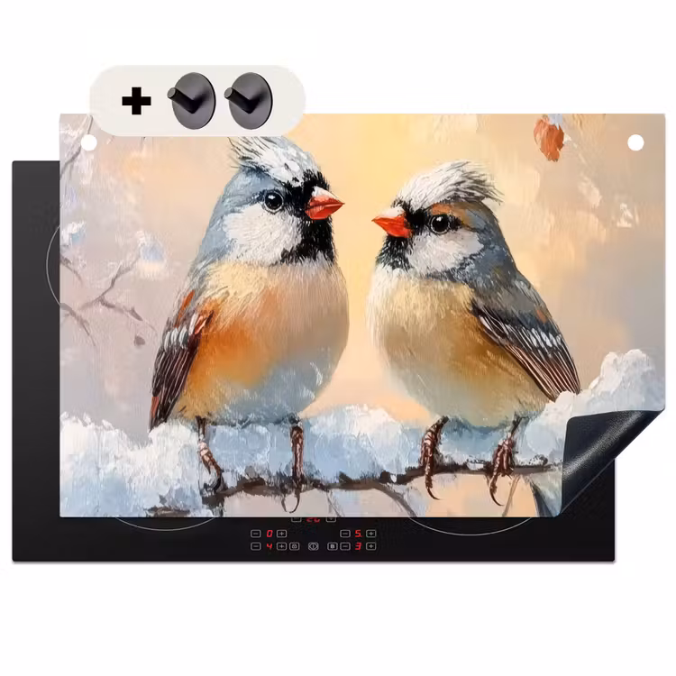 2-in-1 Herdabdeckplatte & Spritzschutz - Vögel - Zweig - Winter - Schnee - Vogels - Tak - Winter - Sneeuw Inductie beschemer met haakjes klein