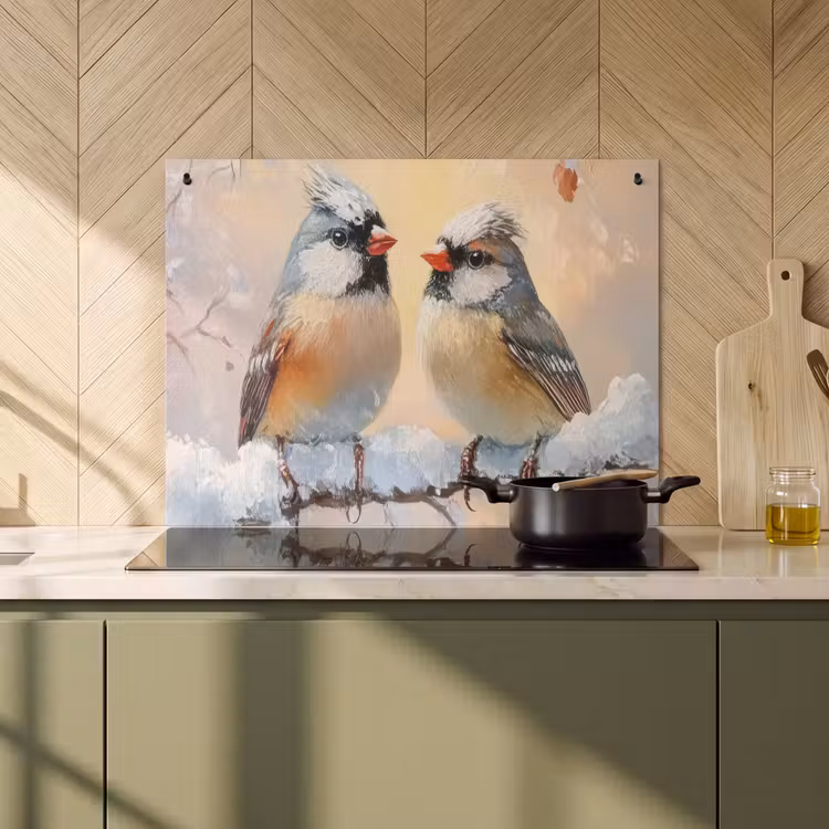 2-in-1 Herdabdeckplatte & Spritzschutz - Vögel - Zweig - Winter - Schnee - Vogels - Tak - Winter - Sneeuw Inductie beschemer met haakjes klein