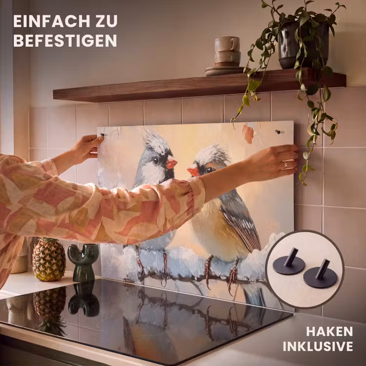 2-in-1 Herdabdeckplatte & Spritzschutz - Vögel - Zweig - Winter - Schnee - Vogels - Tak - Winter - Sneeuw Inductie beschemer met haakjes klein