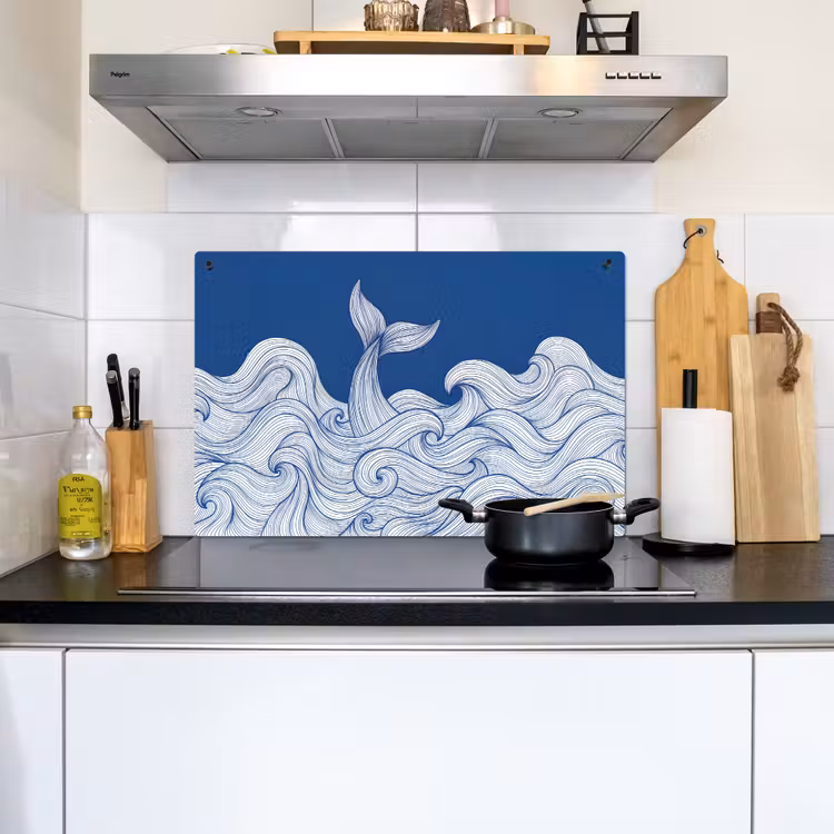 Walvis - Staart - Golven - Lijntekening - Blauw Inductie beschemer met haakjes klein -sfeer2