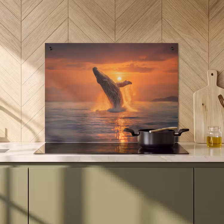 2-in-1 Herdabdeckplatte & Spritzschutz - Wal - Sonne - Meer - Walvis - Zon - Zee Inductie beschemer met haakjes klein