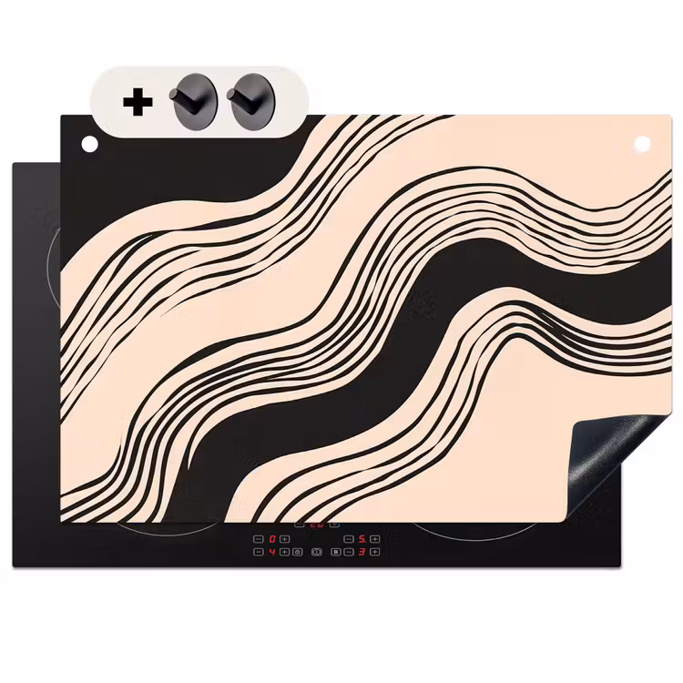 2-in-1 Herdabdeckplatte & Spritzschutz - Waves - Schwarz - Sand - Golven - Zwart - Zandkleur Inductie beschemer met haakjes klein