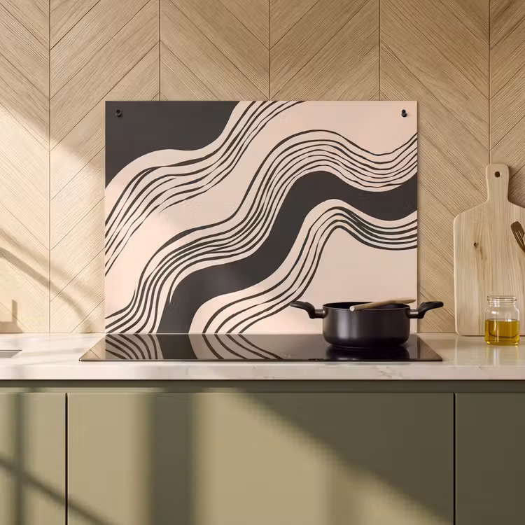2-in-1 Herdabdeckplatte & Spritzschutz - Waves - Schwarz - Sand - Golven - Zwart - Zandkleur Inductie beschemer met haakjes klein