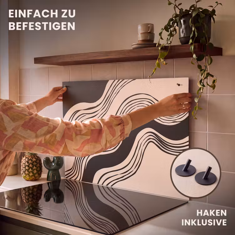 2-in-1 Herdabdeckplatte & Spritzschutz - Waves - Schwarz - Sand - Golven - Zwart - Zandkleur Inductie beschemer met haakjes klein