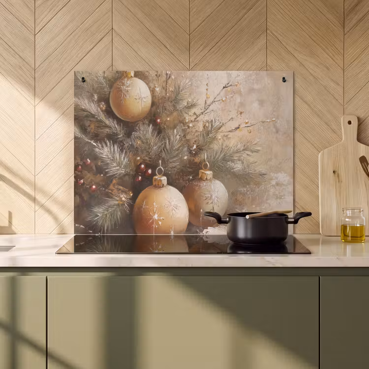 2-in-1 Herdabdeckplatte & Spritzschutz - Weihnachten - Kugeln - Beige - Gold - Kerst - Kerstballen - Beige - Goud Inductie beschemer met haakjes klein