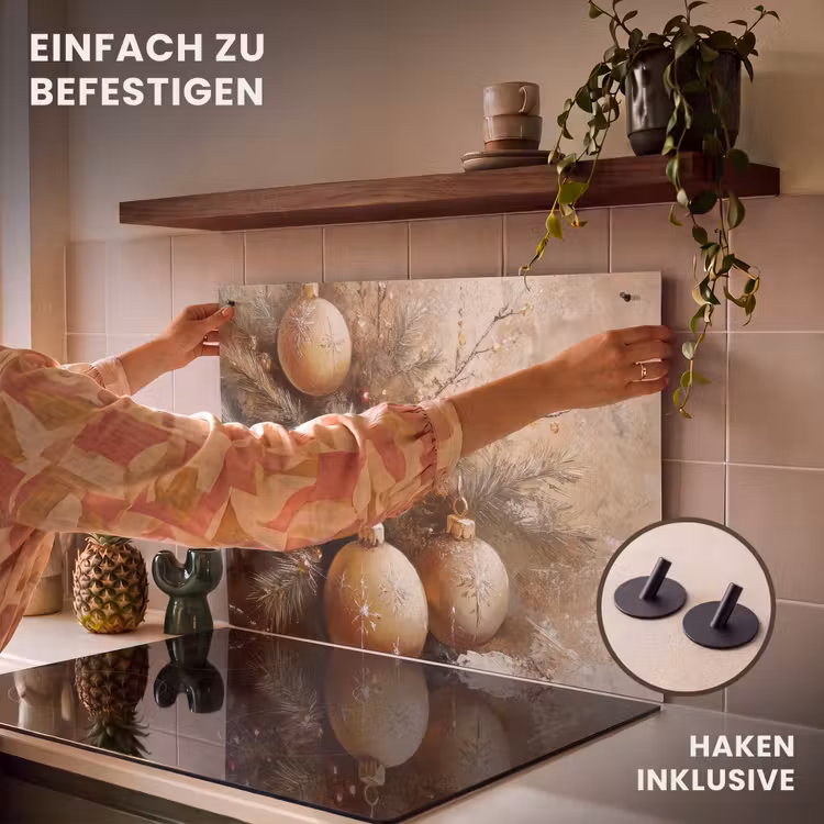 2-in-1 Herdabdeckplatte & Spritzschutz - Weihnachten - Kugeln - Beige - Gold - Kerst - Kerstballen - Beige - Goud Inductie beschemer met haakjes klein