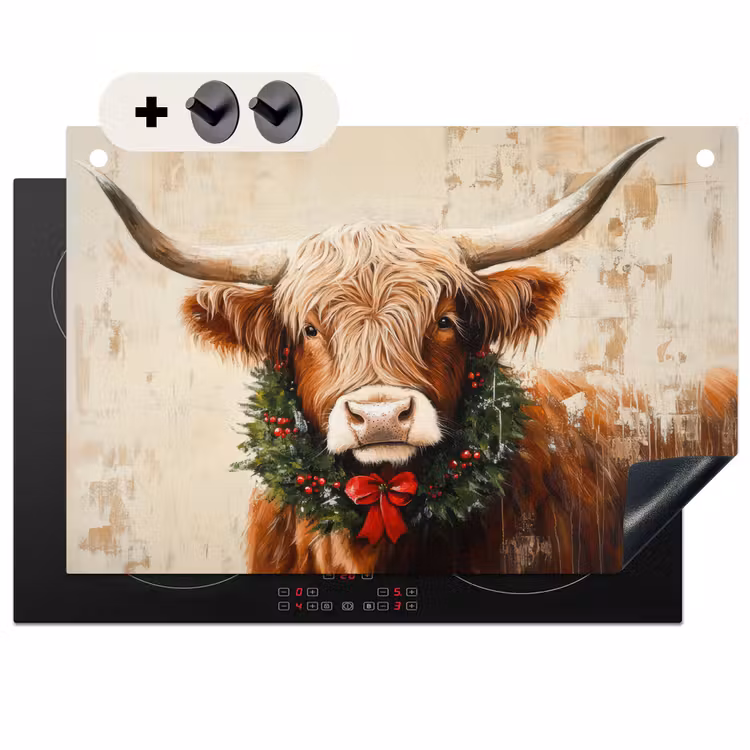 2-in-1 Herdabdeckplatte & Spritzschutz - Weihnachten - Schottischer Highlander - Braun - Kranz - Kerst - Schotse Hooglander - Bruin - Krans Inductie beschemer met haakjes klein